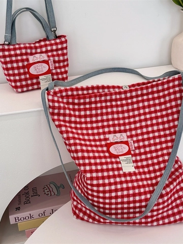Damen Schultertasche Und Handtasche Aus Wollkaro Gingham Tweed Design Mit Denim Riemen Canvas Futter Koreanischer Casual Stil