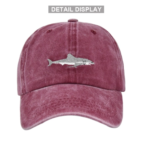 Baseball Cap Washed Cotton Shark Embroidery Distressed Adjustable Dad Hat Sun Protection Outdoor Retro Style
