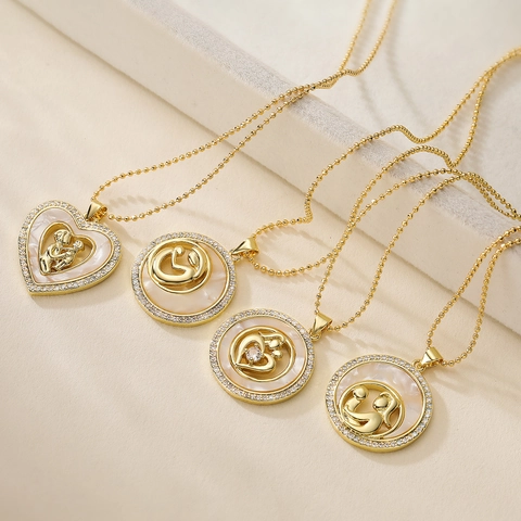 Minimalistische Kupfer Zirkonia Perlmutt Anhänger Halskette Geometrische Herz Runde Mutter und Kind Mode Schmuck Für Damen