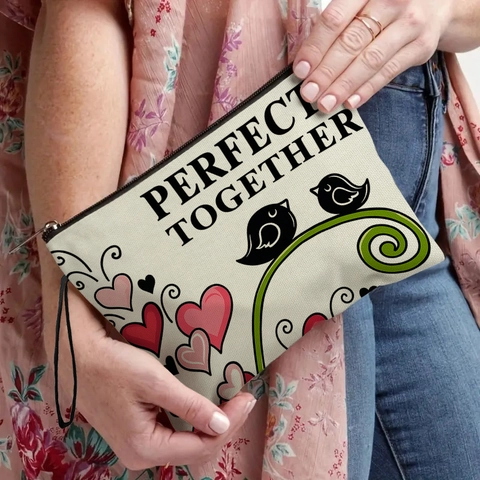Linen Makeup Bag Cosmetic Pouch With Zipper And Wristlet Strap Cartoon Bird Heart Print Portable Multi-functional Organizer