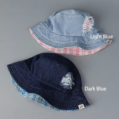 Bucket Hat Denim Baumwolle Distressed Ripped Plaid Futter Sonnenschutz Faltbar Fischerhut Für Damen