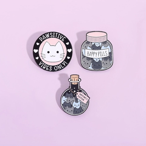 Pin's en Émail Chat de Dessin Animé Mignon Happy Pills Happiness Potion Broche en Alliage Amusante Pawsitive Vibes Only Badge de Revers