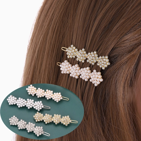 Elegant Flower Hair Clips Alloy Faux Artificial Pearl Sparkling Rhinestone Side Hairpins Korean Style Headwear For Women Girls