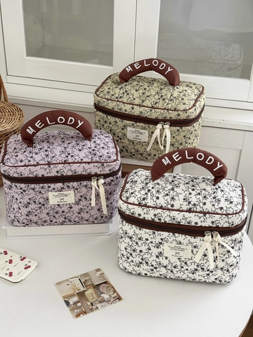 Borsa Per Cosmetici Vintage In Velluto A Coste Floreale Grande Capacità Organizzatore Trucco Custodia Viaggio Trapuntata Fiocco