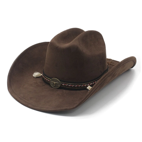 Vintage Western Cowboy Hat Suede Felt Wide Brim Bull Head Buckle Braided Band Tassels Jazz Fedora For Men Women