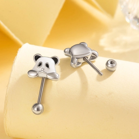 Cute Panda Head Ear Cartilage Stud Titanium Alloy Bar Enamel Animal Face Screw Ball Back Piercing Jewelry