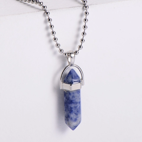 Hexagonal Pillar Pendant Necklace Natural Stone Amethyst Turquoise Stainless Steel Bead Chain Crystal Jewelry Women