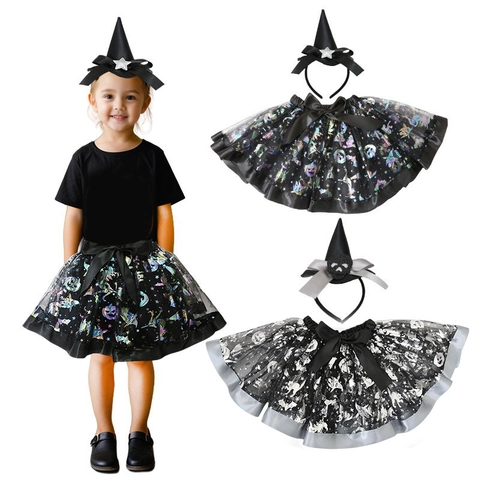 Halloween Costume Witch Hat Headband And Mesh Tutu Skirt Pumpkin Bat Print Party Cosplay For Kids Girls