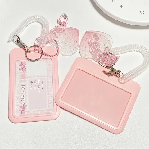 Kawaii ID Card Holder Plastic Badge Case With Spiral Wristband Heart Cloud Charms Glitter Bus Card Cover For Students