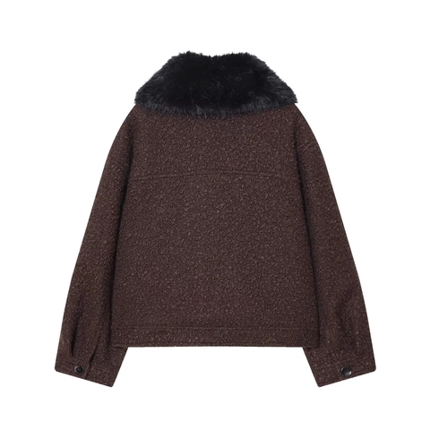 Women French Vintage Short Boucle Jacket Coat With Black Faux Fur Collar Single Breasted Long Sleeve Elegant Winter Jacket