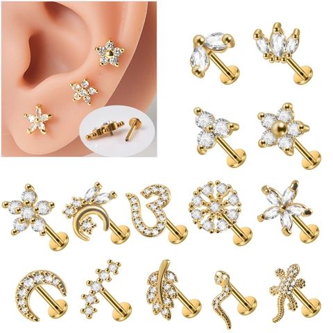 Internally Threaded Lip Ring Stud Stainless Steel Zircon Inlaid Flower Moon Snake Body Piercing Jewelry For Women Men
