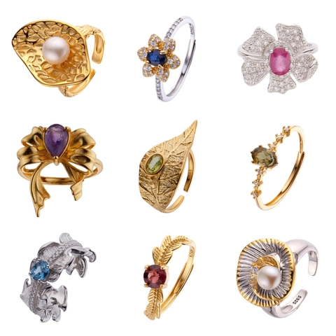 S925 Sterling Silver Adjustable Open Ring Natural Gemstone Floral Leaf Feather Bow Fashion Jewelry Gift Women