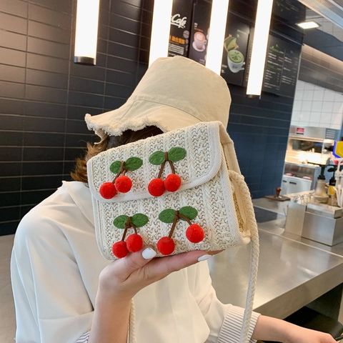 Bolso De Hombro De Paja Tejida Para Mujer Decoración De Cereza 3D Bolso Cruzado Pequeño Cuadrado Estilo Dulce