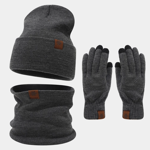 Beanie Snood Schal Touchscreen Handschuhe Acryl Strick Verdickt Warm Winter Outdoor Schneeflocke Lederpatch Herren Damen