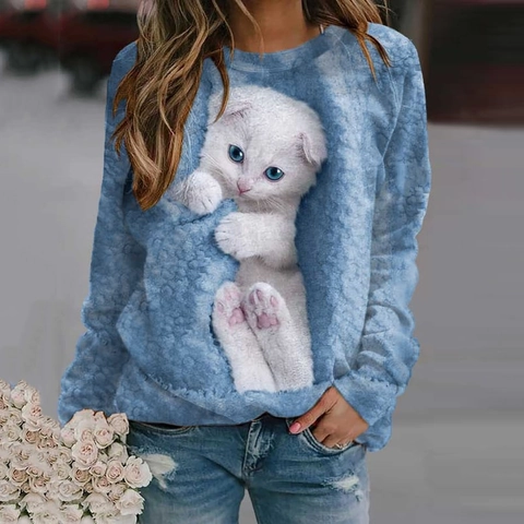 Sweatshirt en Polyéster Ample Décontracté pour Femmes Avec Motif Animalier Chat 3D Réaliste Col Rond Haut Pullover Manches Longues Courtes