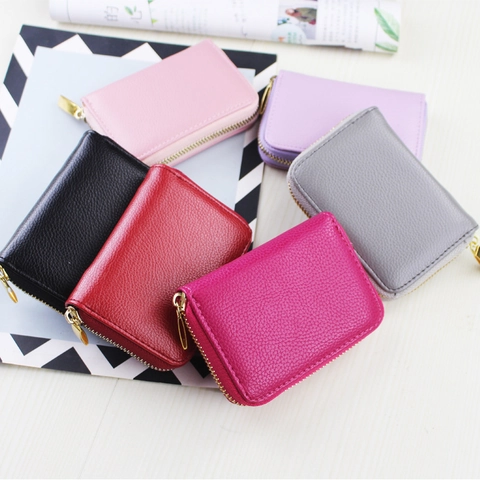 Litchi Grain PU Leather Card Holder Accordion Multi Slot Zipper Wallet For Women Men Portable Large Capacity