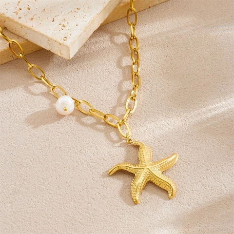 Starfish Pendant Necklace With Artificial Pearl Stainless Steel Gold Plated Ocean Beach Style Fashion Jewelry For Women
