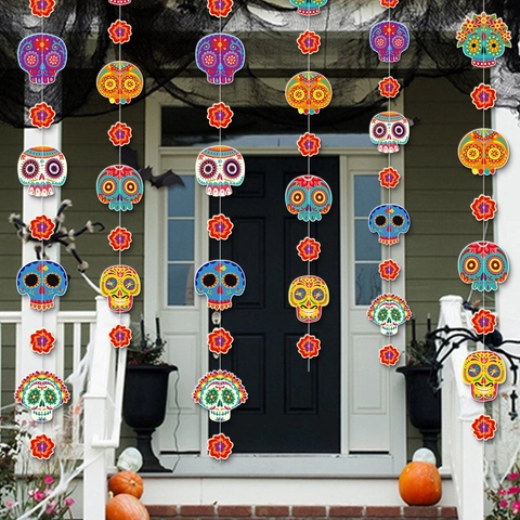 Mexico Day Of The Dead Hanging Garland Skull Flower Paper Banner Ceiling Party Decor Prop Decoration