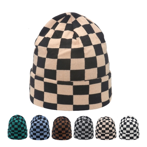 Schachbrettmuster Strickmütze Beanie Acryl Warm Umgeschlagen Winter Streetwear Für Damen