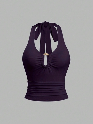 Sexy Purple Halter Neck Tank Top Women Slim Fit Ruched Tie Up Metal Ring Cropped Cami Summer Sleeveless Backless Clubwear