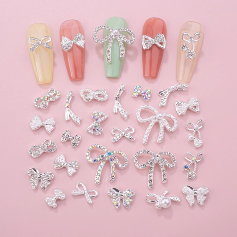 Alloy Bowknot Nail Art Decorations With Rhinestone And Faux Artificial Pearl For DIY Manicure Accessories Luxury Sweet Style