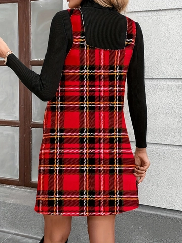 Plaid Sleeveless V-Neck Dress Polyester Spandex Checkered A-Line Pinafore Festive Christmas Autumn Winter For Women