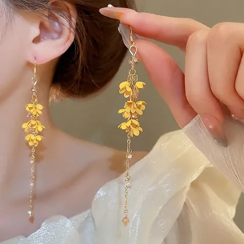 Gele Bloem Lange Kwastjes Oorbellen Frisse Bosstijl Zoete Osmanthus Glazen Kralen Goudkleurige IJzeren Sieraden Voor Dames