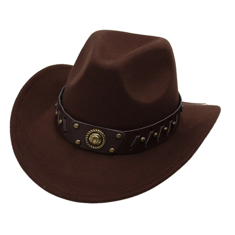 Western Cowboy Hat Retro Felt Fedora With Rivet Leather Band And Horseshoe Badge Wide Brim Jazz Hat For Men Women