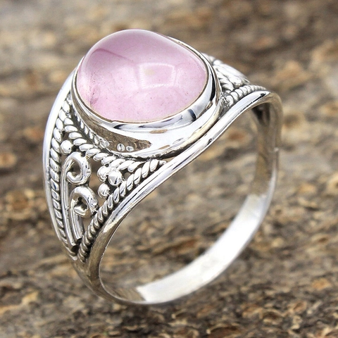 Retro Alloy Ring With Oval Pink Stone Carved Hollow Woven Texture Bohemian Vintage Fashion Jewelry For Women