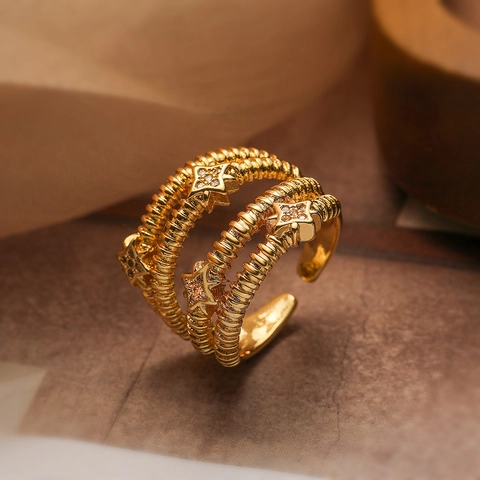 Anillos Abiertos Ajustables Para Mujer Cobre Chapado En Oro Real Circón Estrella Piedras Coloridas Joyería Retro Minimalista