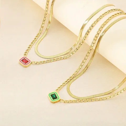 Collana Doppio Strato In Acciaio Inossidabile Catena Serpente Maglia Curb Pendente Pietra Rettangolare Bordo Smalto Moda Donna