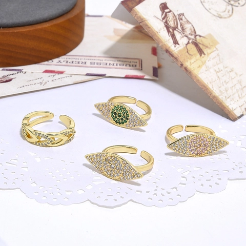 Anello Aperto in Rame con Zirconia Occhio del Diavolo per Donna Trendy Esagerato Pavé Rombo Intrecciato Regolabile Gioielli