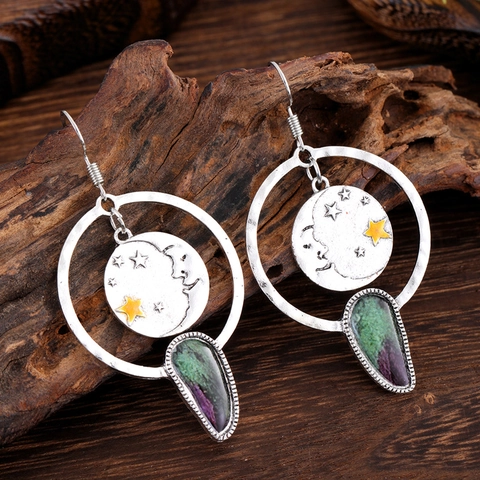 Orecchini Pendenti Boho Vintage Con Rubino In Zoisite Luna E Stella Celestiale Lega Argento Antico Per Donne