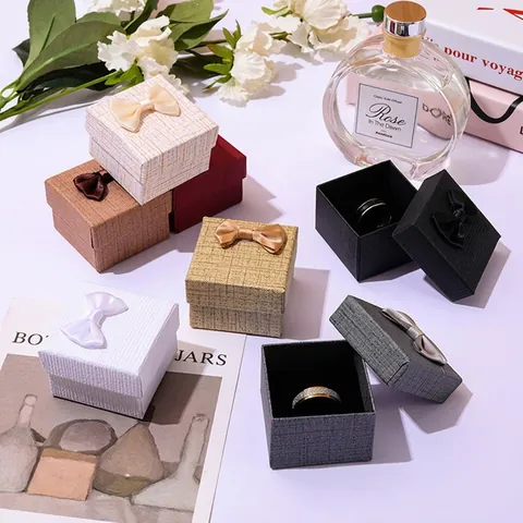 Square Jewelry Gift Box Textured Paper Ring Earring Storage Case With Ribbon Bow Knot Sponge Insert