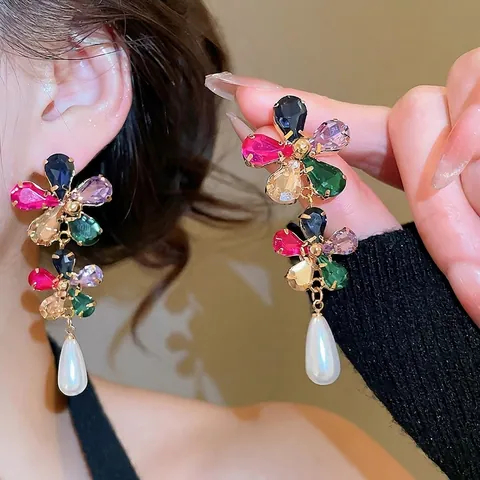 Pendientes De Cristal De Flores Coloridas Con Perla Artificial Blanca Y Poste De Plata Joyería Retro Chapada En Oro Para Mujer