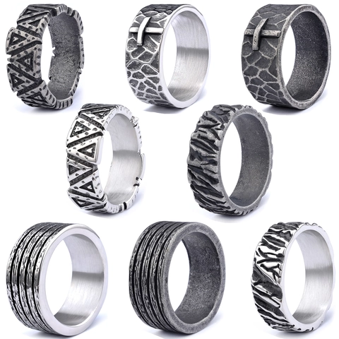 Anillo Vikingo De Acero Inoxidable Retro Oxidado Rayas Verticales Textura Corteza Árbol Punk Gótico Para Hombres Mujeres