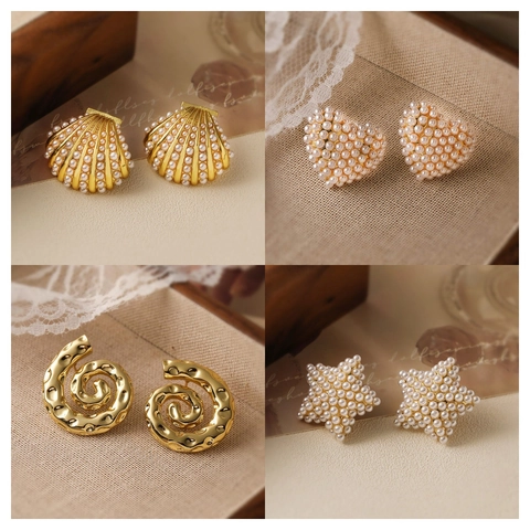 Pendientes de Botón de Cobre Lujosos Vintage Francés Joyas Elegantes Perla Artificial Lazo Corazón Caracol Para Mujer