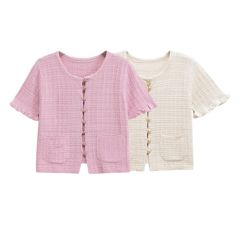 Women's Short Sleeve Knit Cardigan Round Neck Gold Buttons Ruffle Edge Waffle Texture Cotton Top Pink White Casual Elegant Knitwear
