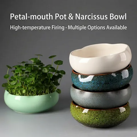 Ceramic Hydroponic Flower Pot Vintage Glazed Bowl For Narcissus Lotus Copper Grass Petal Shape Indoor Home Decor Office