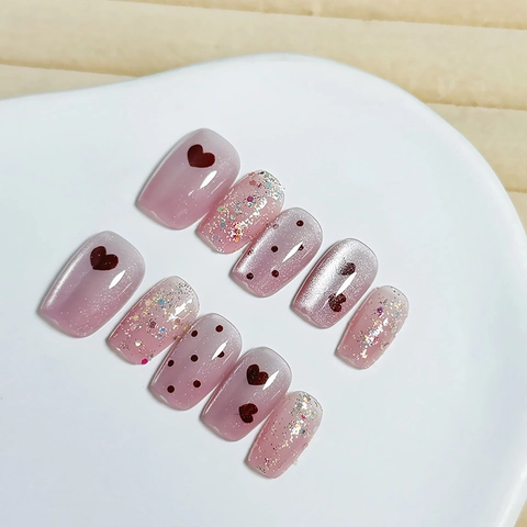 Handmade ABS Press On Nails Cat Eye Heart Pattern Pink Purple Gradient Glitter Sweet Short Square Round Shape