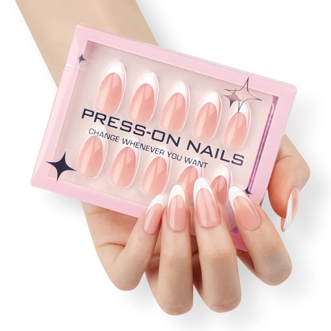 French Tip Press On Nails Almond Shape Nude Pink White Edges Short Fake Nails For Women Glossy DIY Manicure