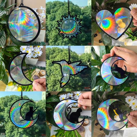 Acchiappasole Prisma Arcobaleno Acrilico Decorazione Sospesa Per Finestra Effetto Laser Olografico Animali Luna Sole