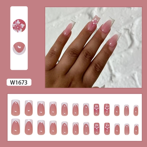 French Tip Press On Nails Pink White Gradient Flower Design Glossy Detachable ABS Fake Nails For Women Daily Wear