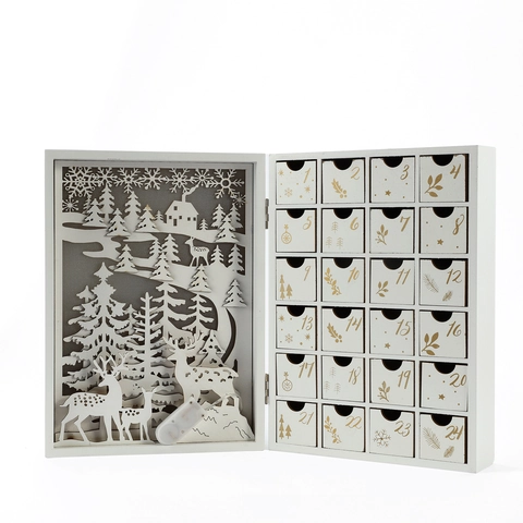 Calendario De Adviento De Navidad Madera LED Cuenta Regresiva Blanco Reno Bosque Decoración De Escritorio