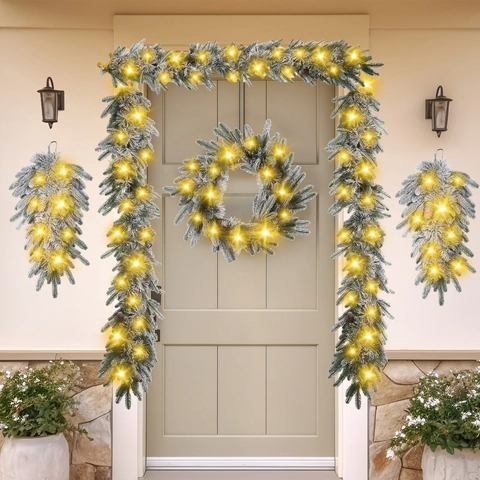 Christmas Wreath Garland Artificial Flocked Snow PVC Pine Needle Pine Cone LED Warm Light Holiday Door Decoration