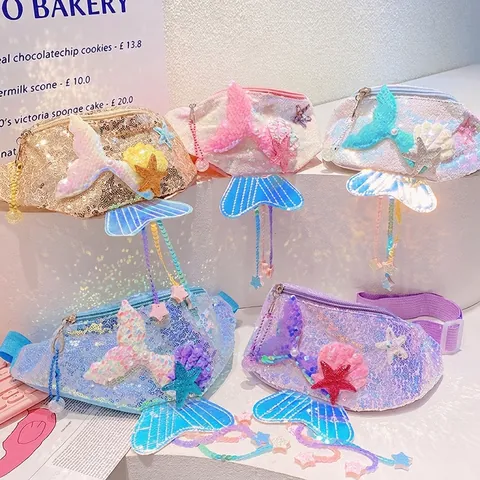 Mermaid Tail Sequin Waist Bag For Kids Girls Shiny Fanny Pack With Starfish Shell Decor Adjustable Strap Travel Casual