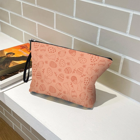 Borsa Per Trucco Con Stampa Coniglietto Pasquale In Finto Lino Pochette Per Cosmetici Con Cerniera E Cinturino