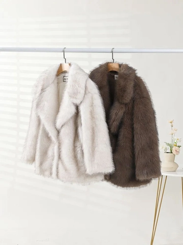 Faux Fur Coat Women Lapel Mid-Length Warm Winter Imitation Rex Rabbit Hair Streetwear Outerwear