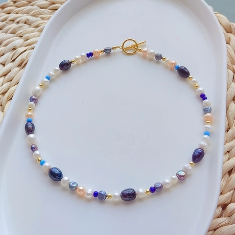 Vintage Handmade Freshwater Pearl Choker For Women Multi Color Beads Acrylic Eye 18K Gold Plated Toggle Clasp Jewelry