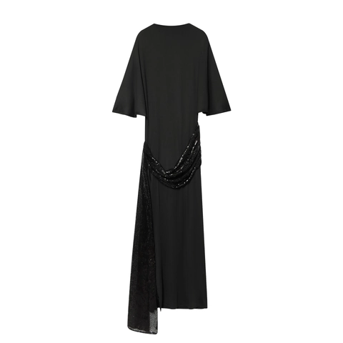 Vestido Largo Elegante Con Cinturón De Lentejuelas Mangas Murciélago Color Sólido Ajustado Poliéster Para Mujer